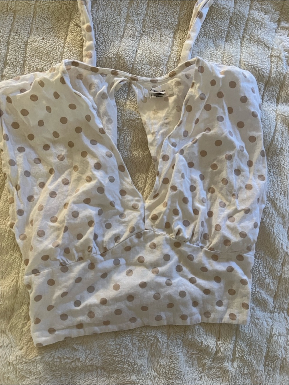 Polka Dot Cotton Linen Crop Top in Cream and Light Brown